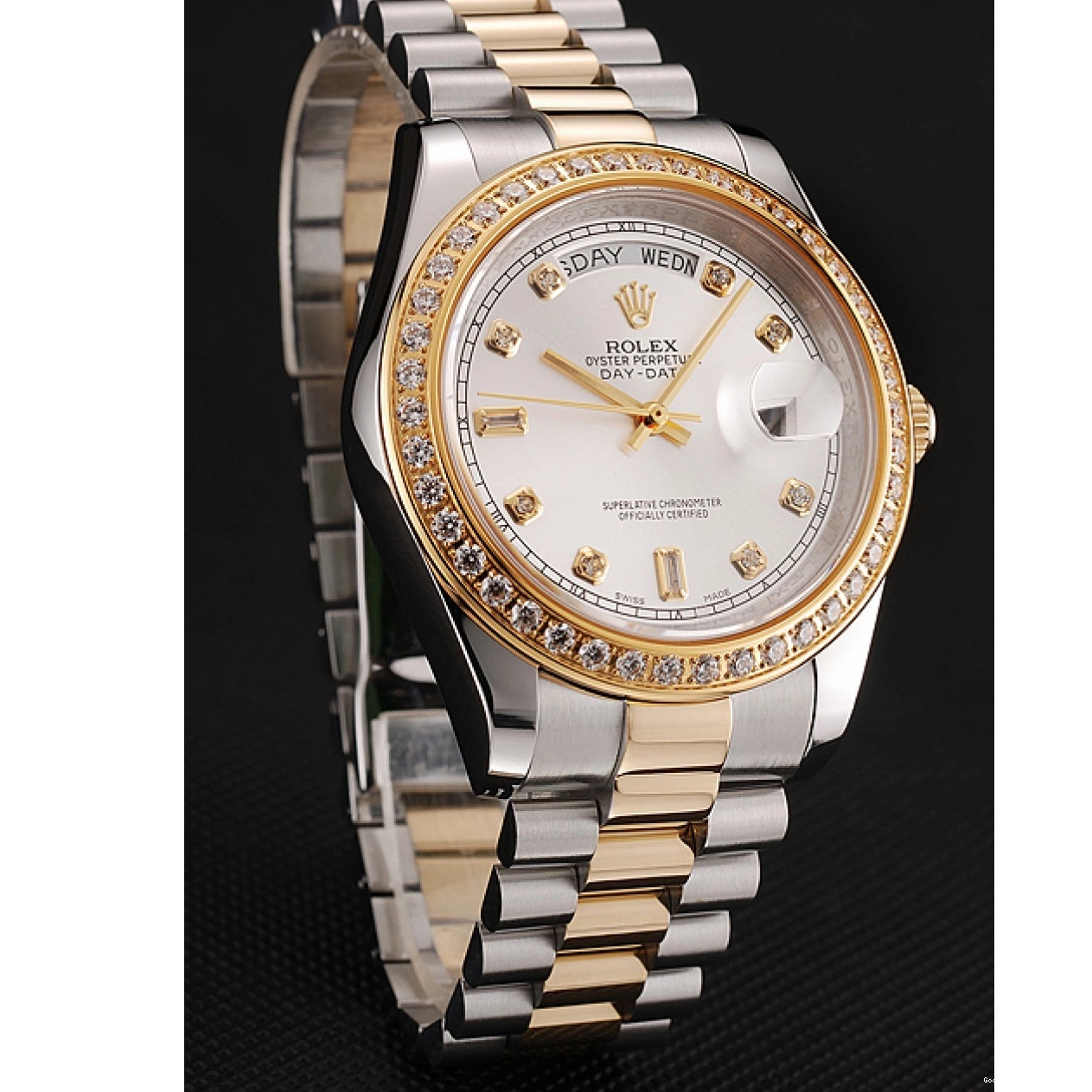 Rolex aaa copy Dial Diamond Tone Two Bracelet Gold White Day-Date Steel Rolex 1453972 Swiss Stainless Case 0701